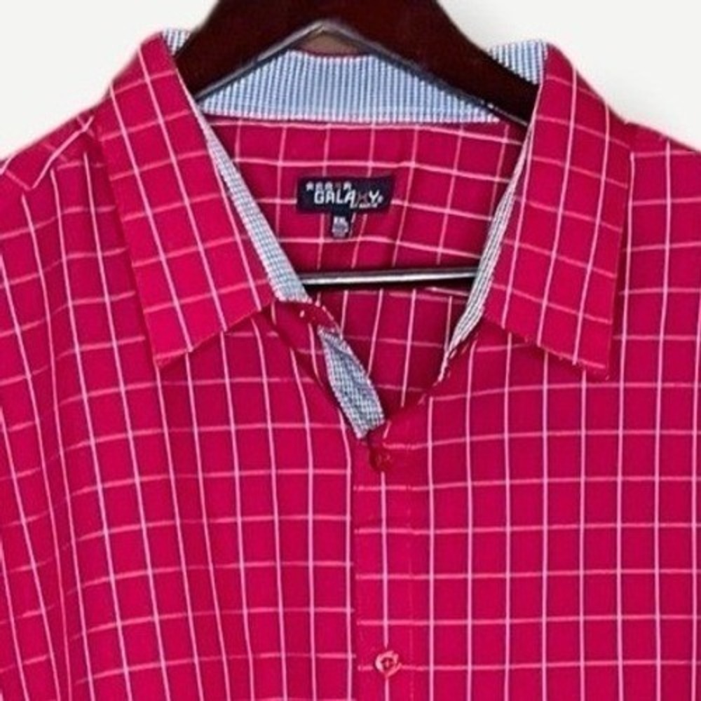 Galaxy Mens Button Down Shirt XXL Red Windowpane Plaid Slim Fit Long Sleeve‎ New